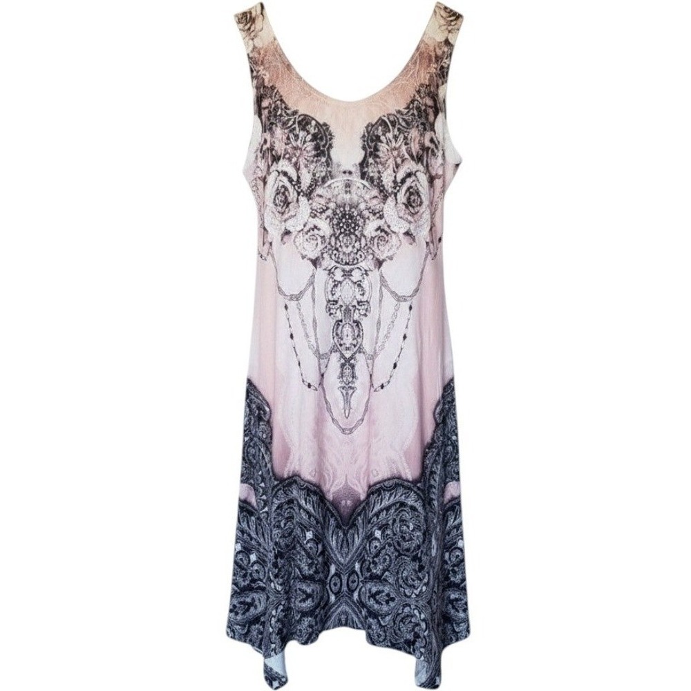 Pretty Angel BOHO Tank Dress Womens L Pink Paisley Lace Back Rhinestone Uneven